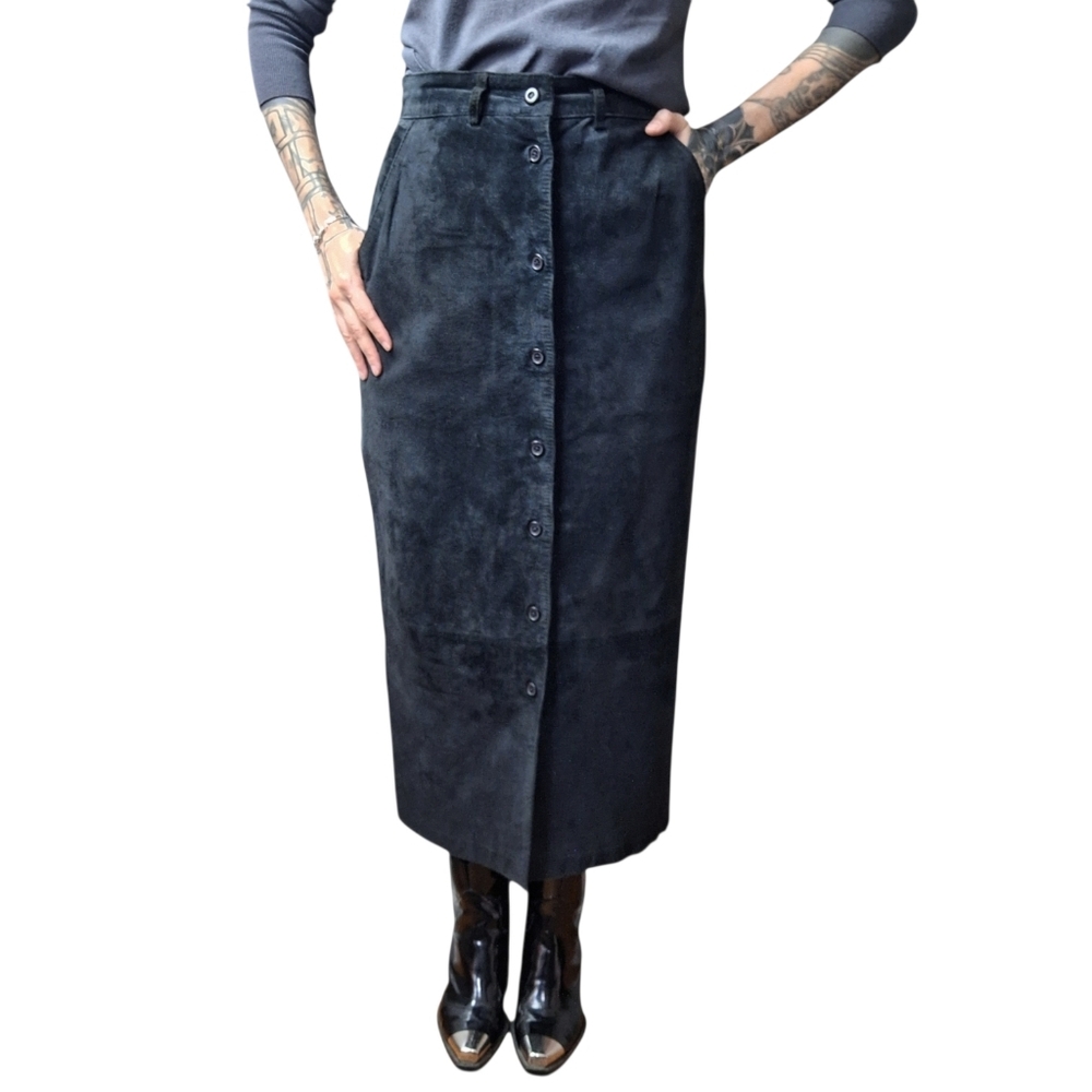 Vintage Y2K Toffs Genuine Suede Pencil Midi Skirt Button Front Sz Small Black